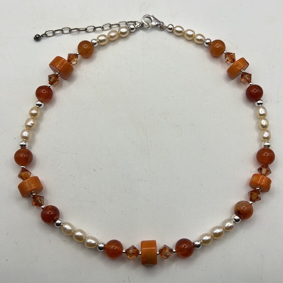 CORAL, FIRE AGATE, PEARL, CRYSTAL & STERLING SILVER ARTISAN CHOKER NECKLACE - Picture 2 of 11